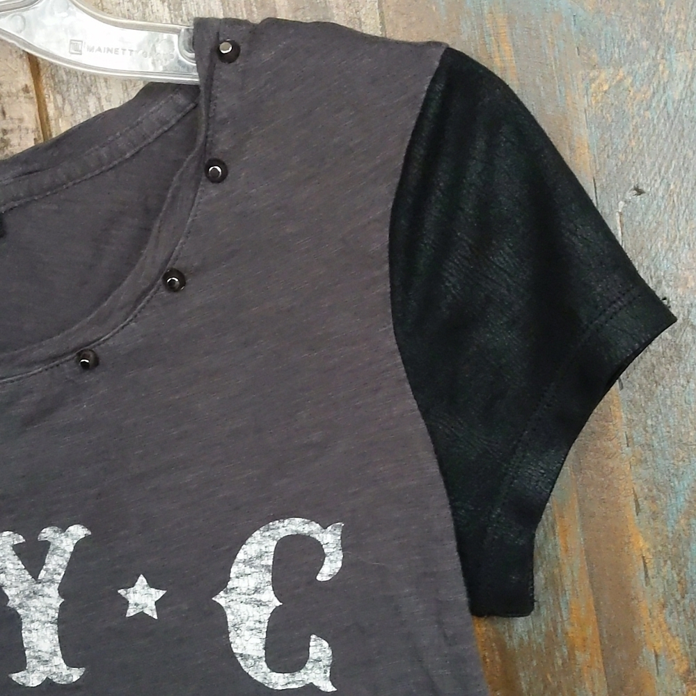 Express NYC Rodeo T-Shirt w/ Faux Leather Sleeves - Y2K - Grunge - Women's Small - Picture 3 of 5